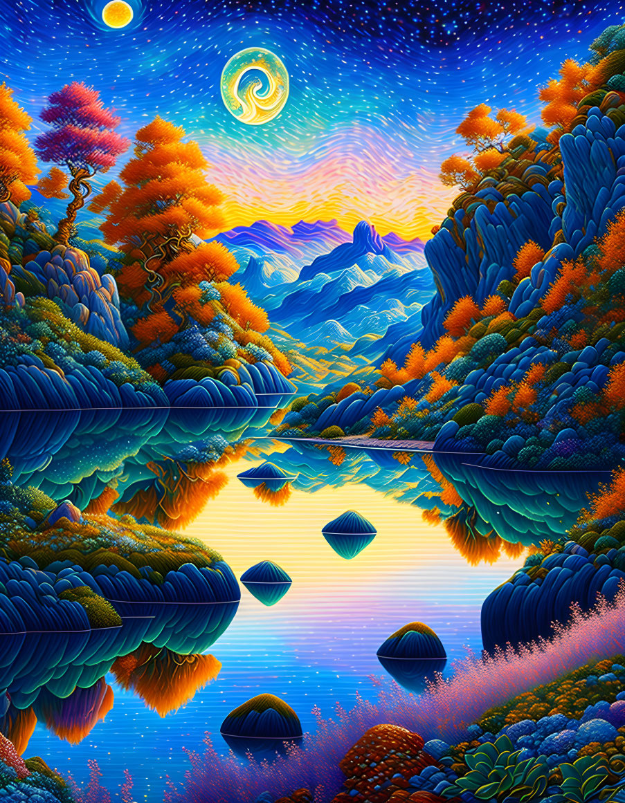 Colorful Surreal Landscape with Mirrored Lake and Swirled Sun/Moon