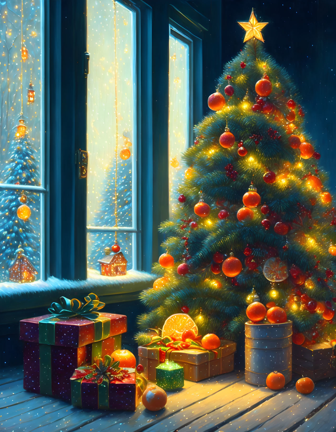 Festive Christmas tree scene with snowfall and gifts