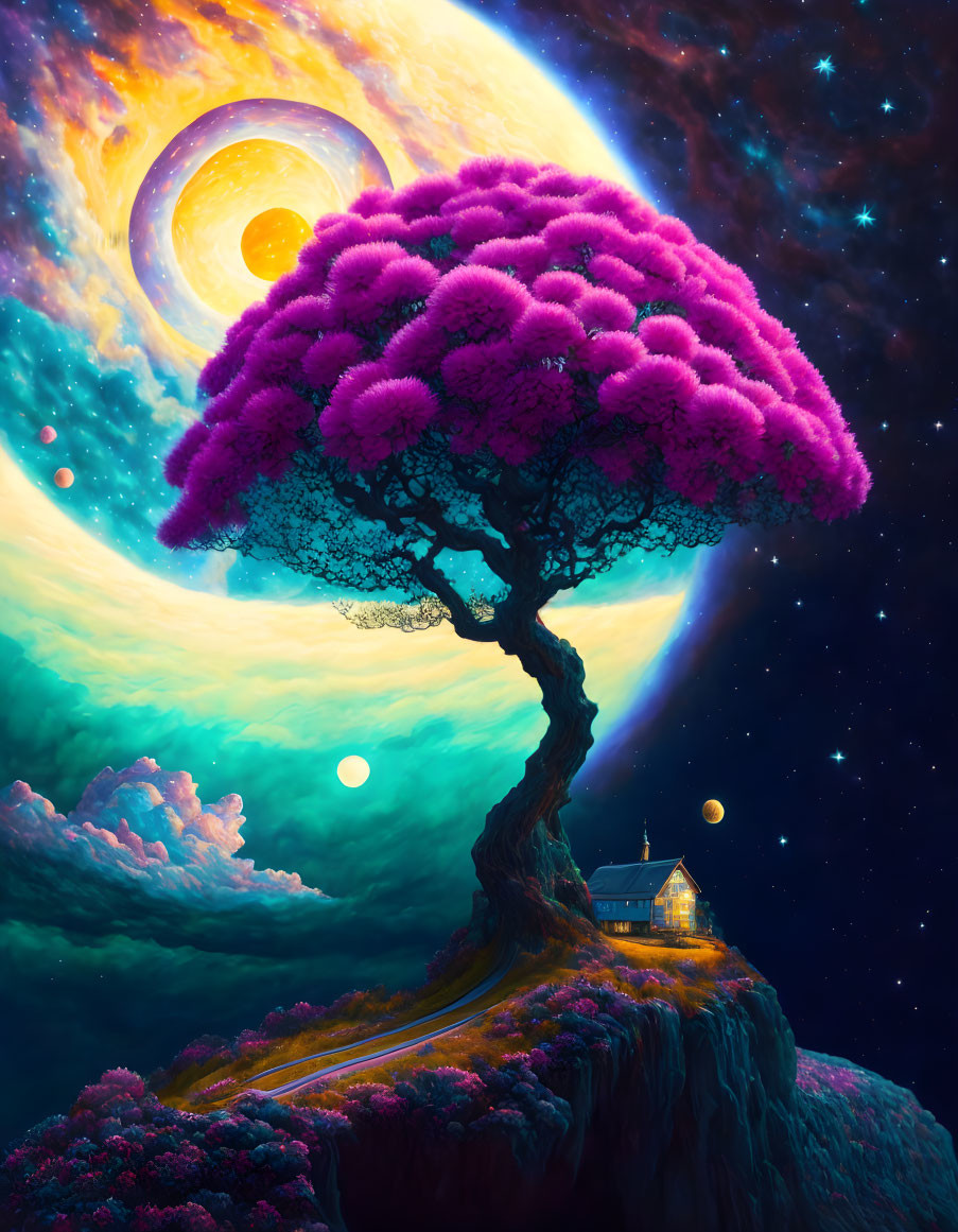 Purple tree on cliff overlooks celestial sky with moons and stars