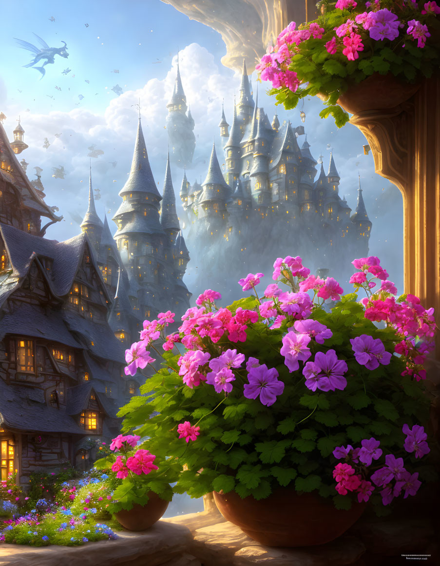 Majestic castle with golden sunlight and pink flowers