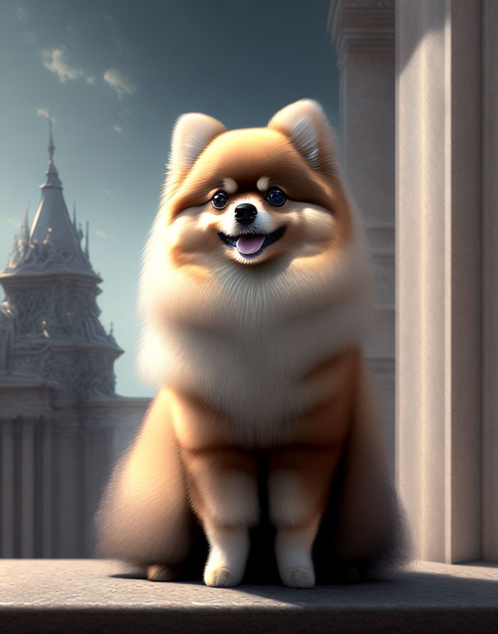 Fluffy animated Pomeranian dog sitting on stone ledge with ornate buildings in background