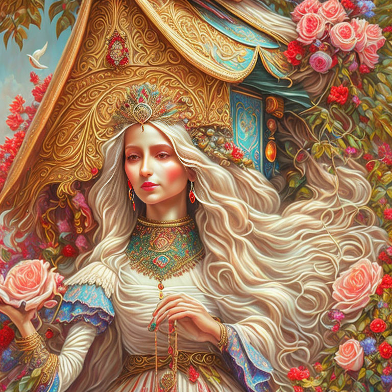 Detailed illustration: Woman with flowing white hair in regal attire surrounded by vivid flowers, ornate details