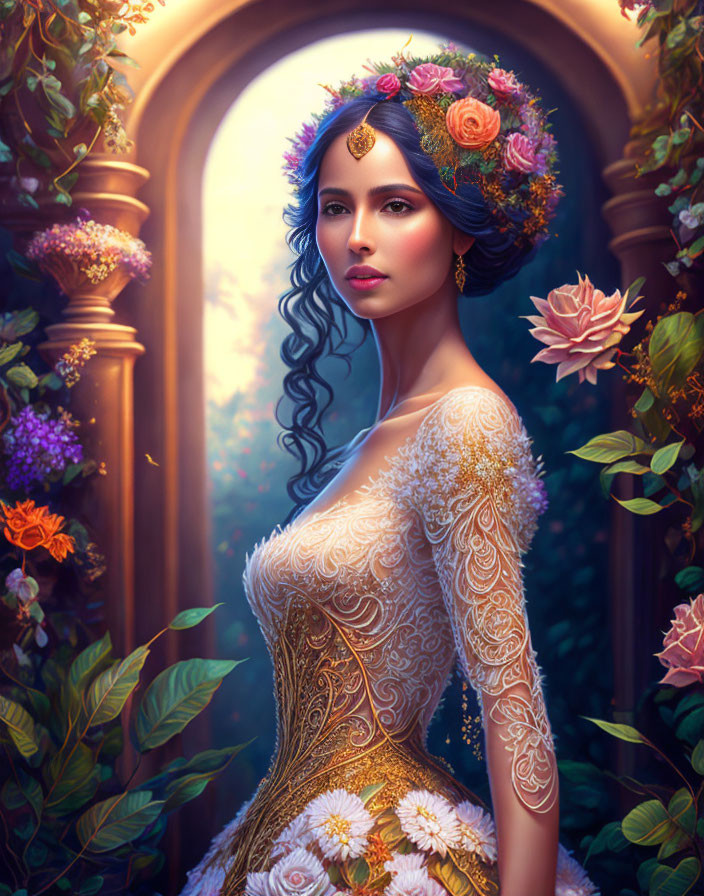 Illustration of elegant woman in floral tiara and golden gown among blossoming flowers