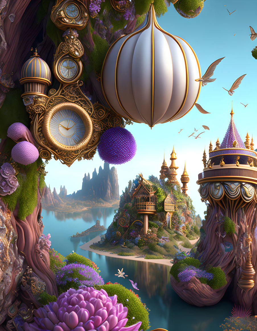 Fantastical scene with whimsical structures and airship by serene lake