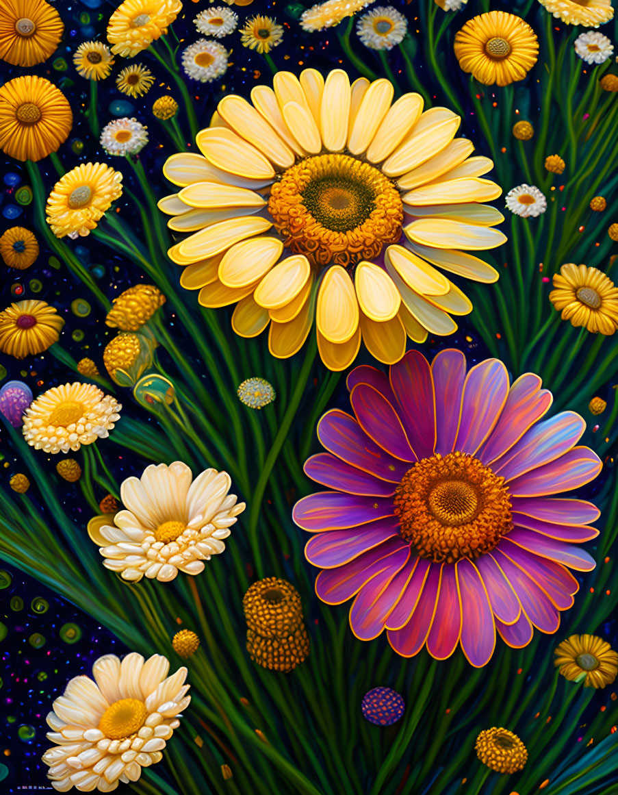 Colorful digital artwork: stylized yellow and purple flowers on dark background