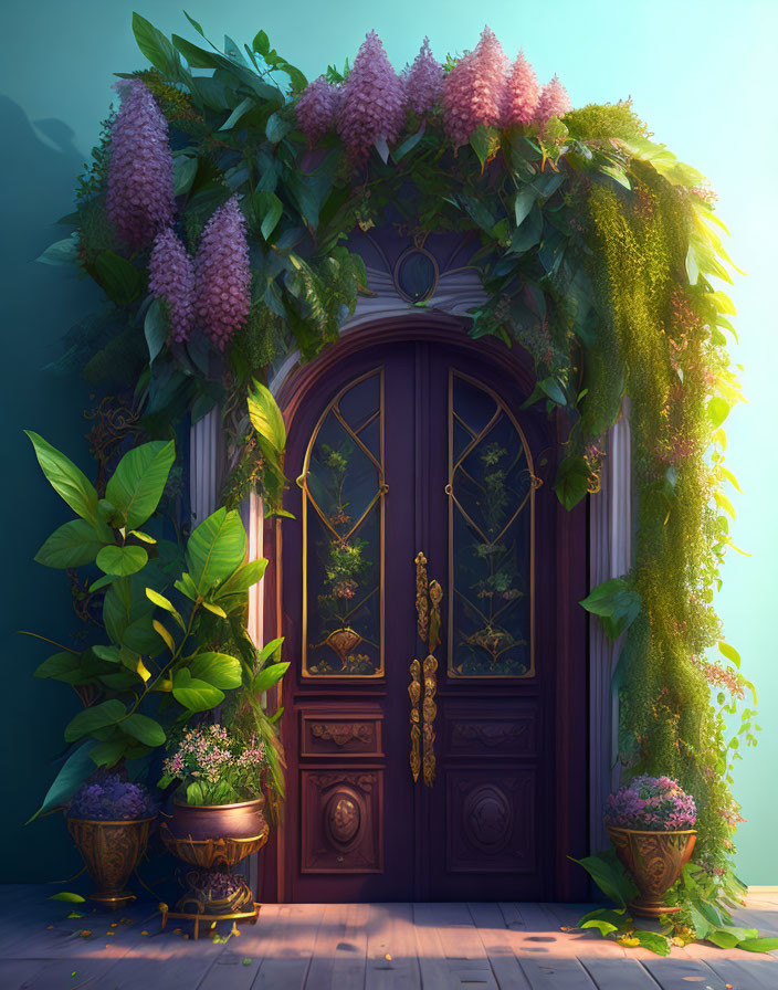 Purple and Gold Adorned Door in Enchanting Garden Setting