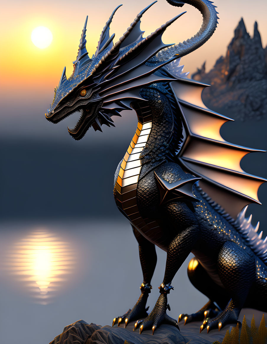 Blue dragon overlooking sunset on cliff above calm sea