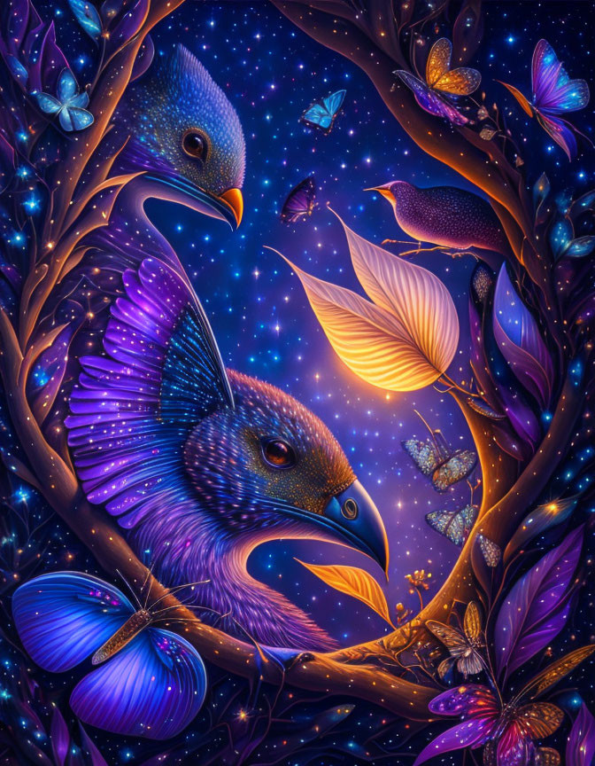 Fantastical scene featuring stylized birds, butterflies, leaves, and stars.