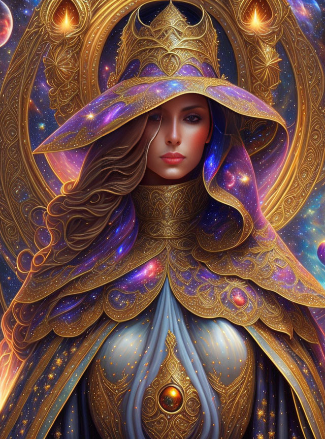 Mystical woman with flowing hair and celestial robe in golden headgear surrounded by symbols and stars