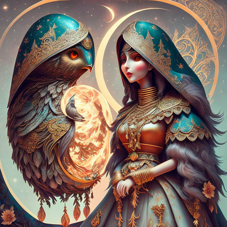 Woman in medieval attire with eagle in cosmic setting