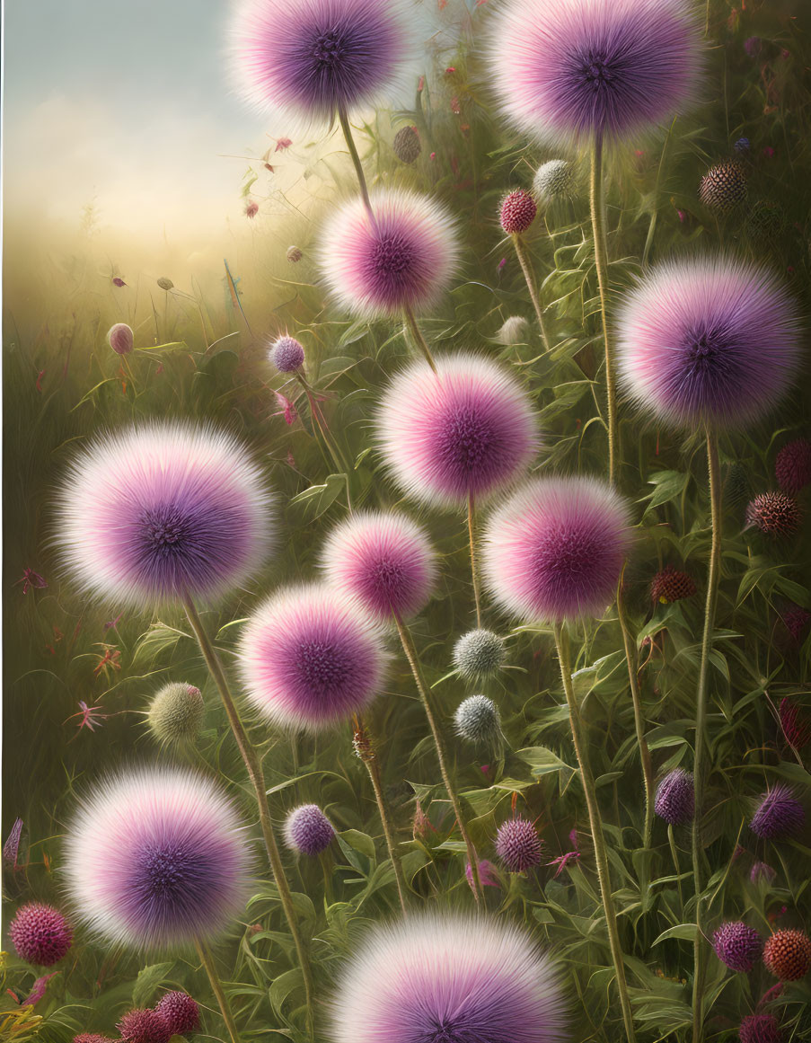 Whimsical purple puffball flowers in luminous field