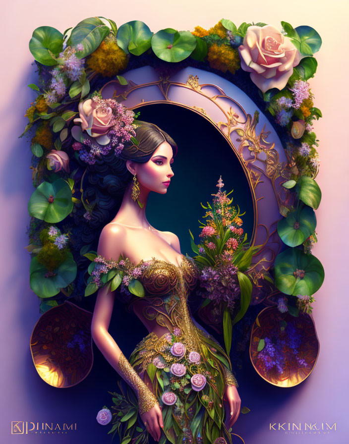 Detailed illustration of woman in floral gown with gold mirror and flowers