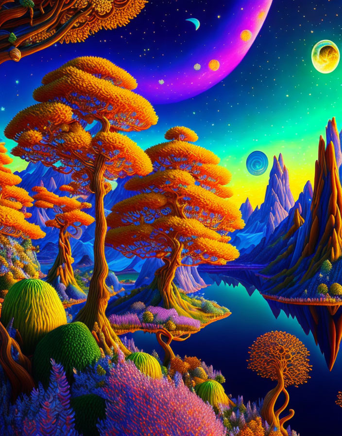 Surreal landscape with alien trees, reflective river, and colorful flora