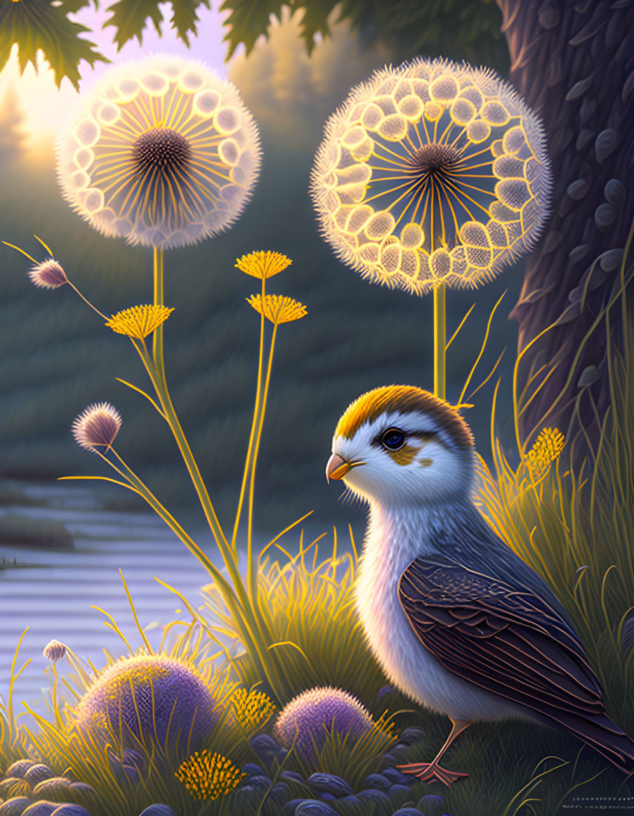 Illustration: Bird with dandelion-like head in magical forest at sunset