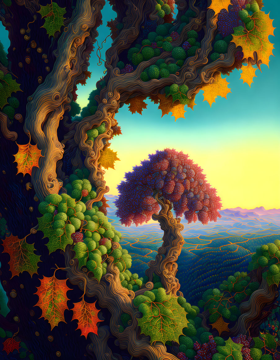 Colorful surreal landscape with twisted trees and rolling hills