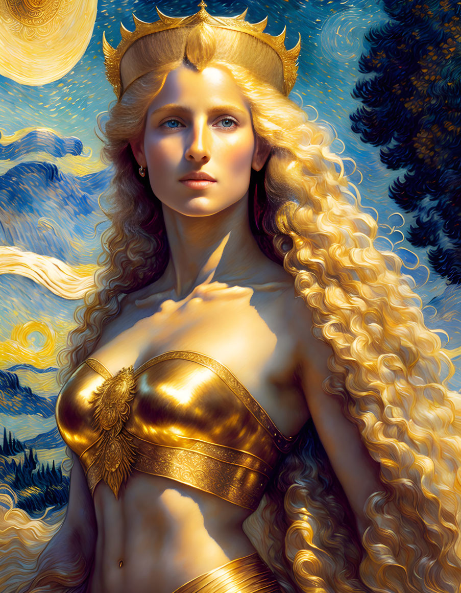 Royal figure with golden crown and blonde hair on celestial-themed blue and gold backdrop