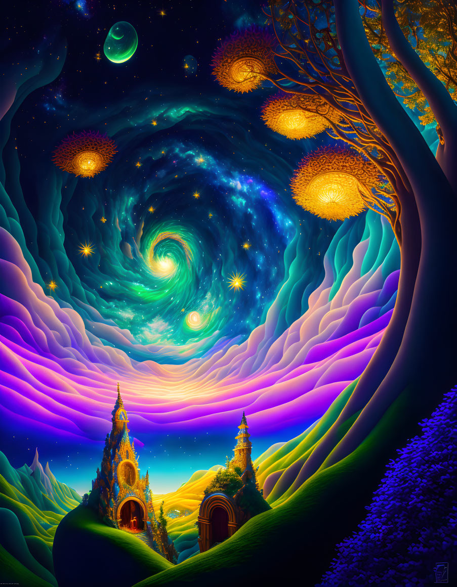 Colorful Fantasy Landscape with Starry Sky, Moon, Castle, and Glowing Trees