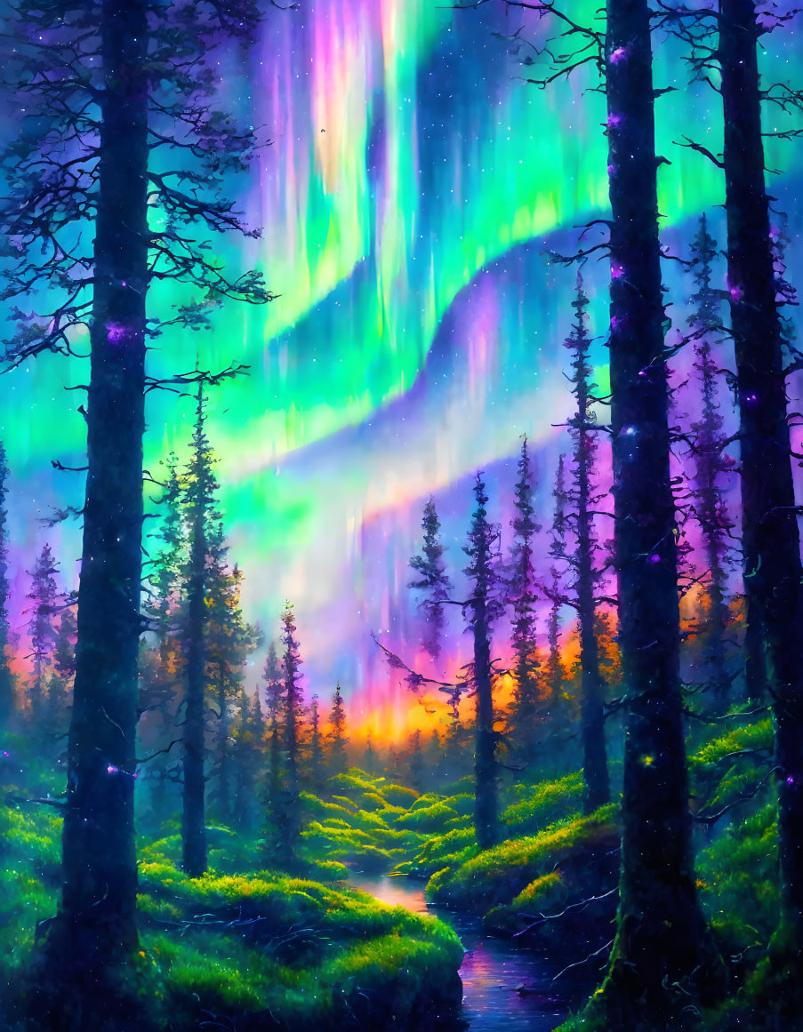 Majestic aurora borealis lights up forest path