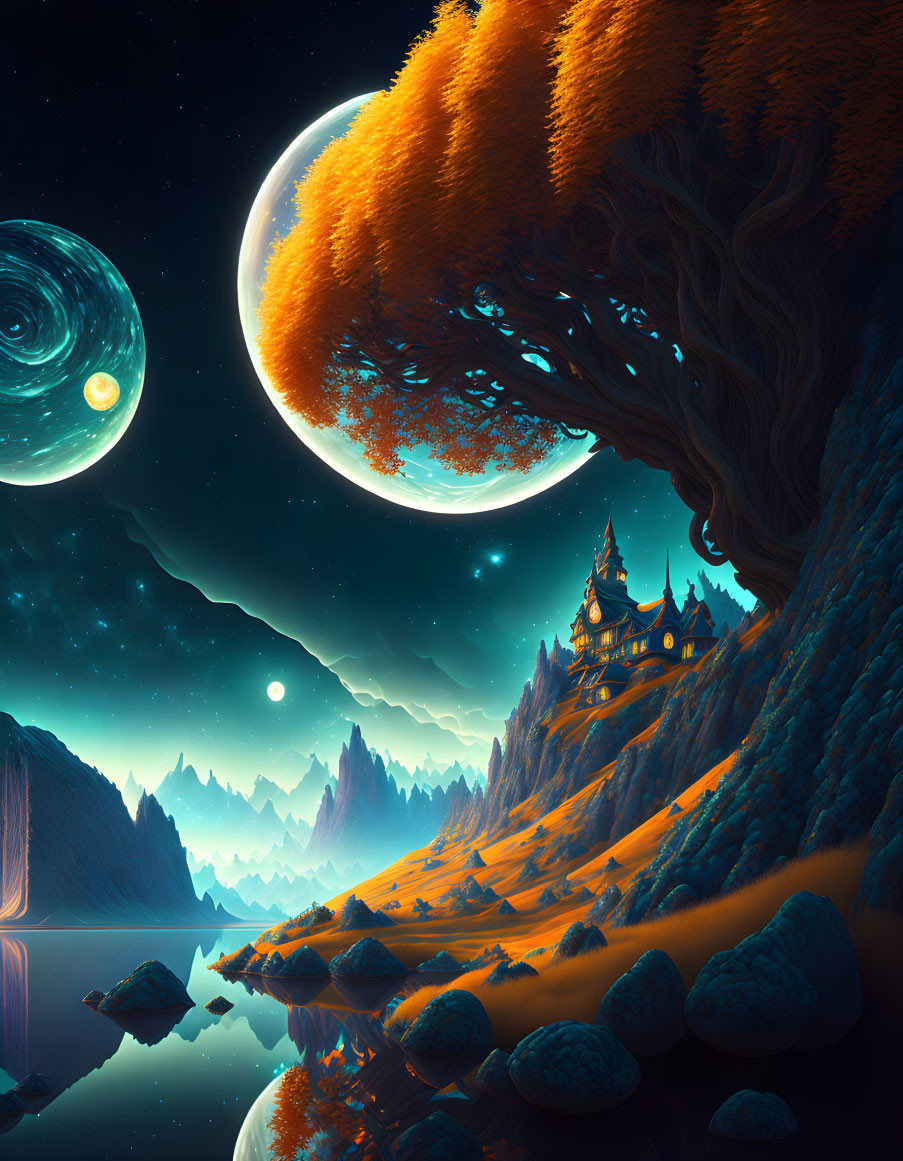 Surreal landscape with orange tree, cliff castle, moons, and reflective lake