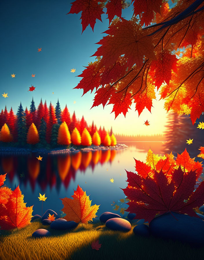 Colorful Autumn Trees Reflecting in Calm Lake Waters at Sunset