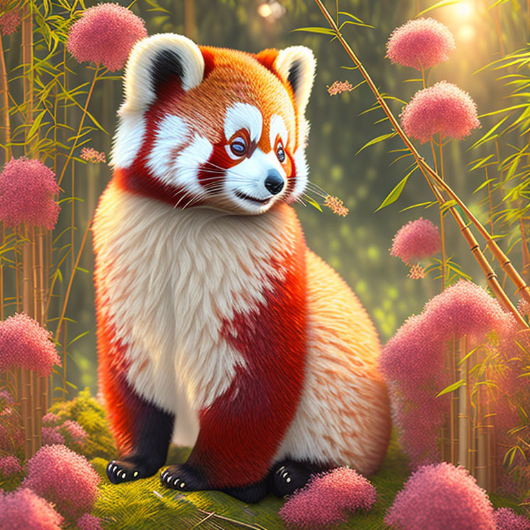 Vibrant red panda in lush greenery and pink flowers forest scene