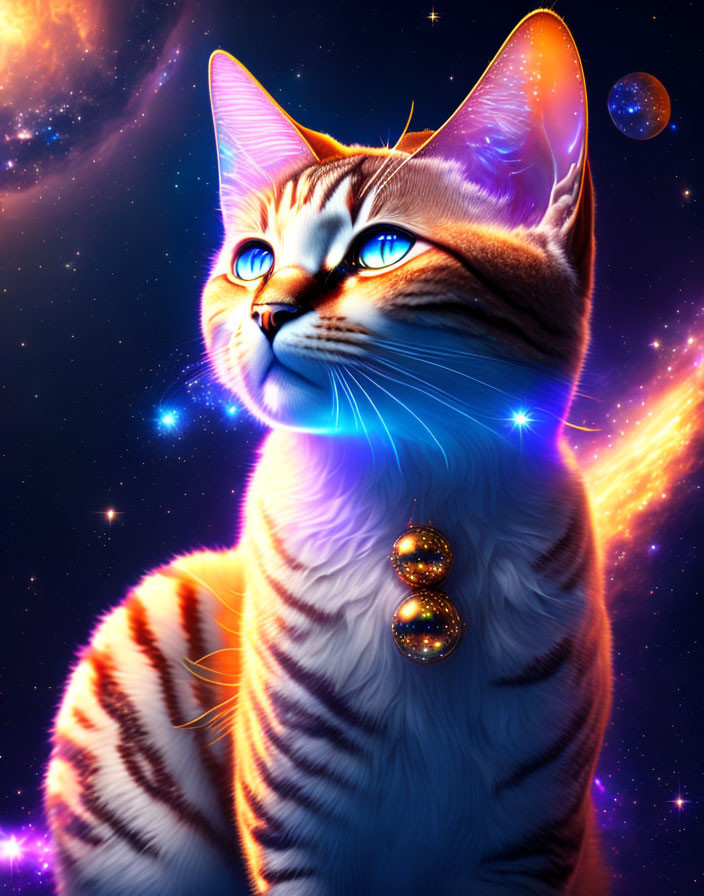 Colorful Cat Illustration with Glowing Blue Eyes and Cosmic Background