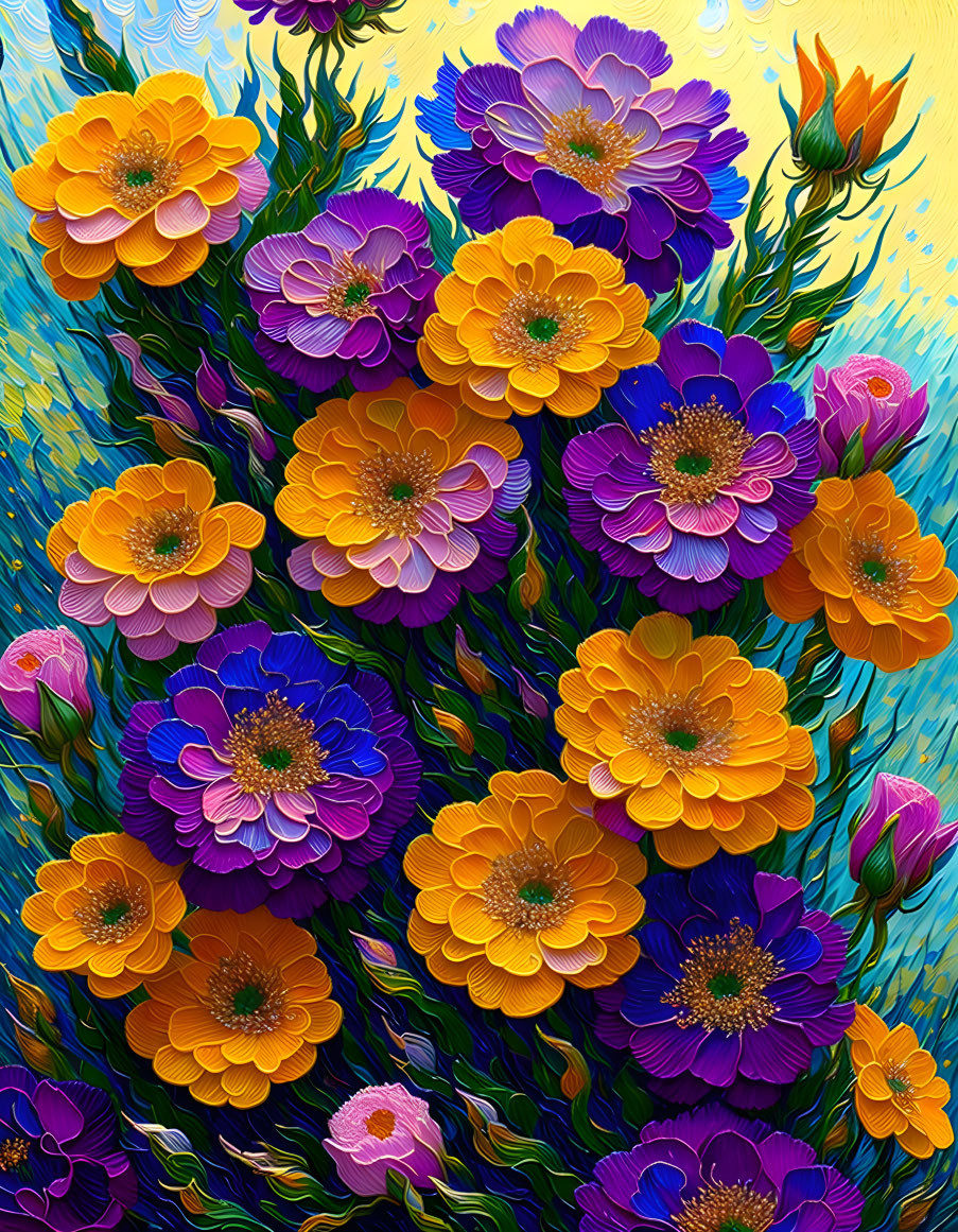 Colorful Flower Painting with Stylized Yellow and Purple Flowers