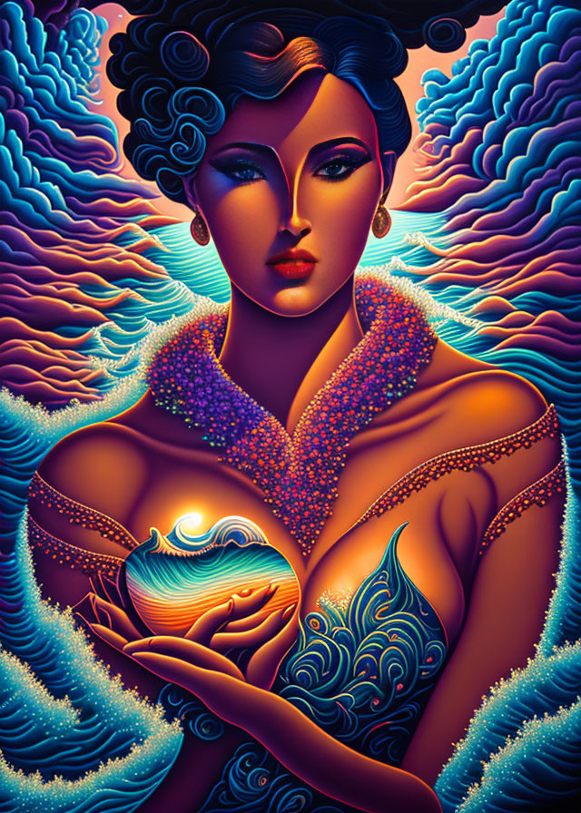 Colorful illustration of woman with stylized features surrounded by waves and holding a light