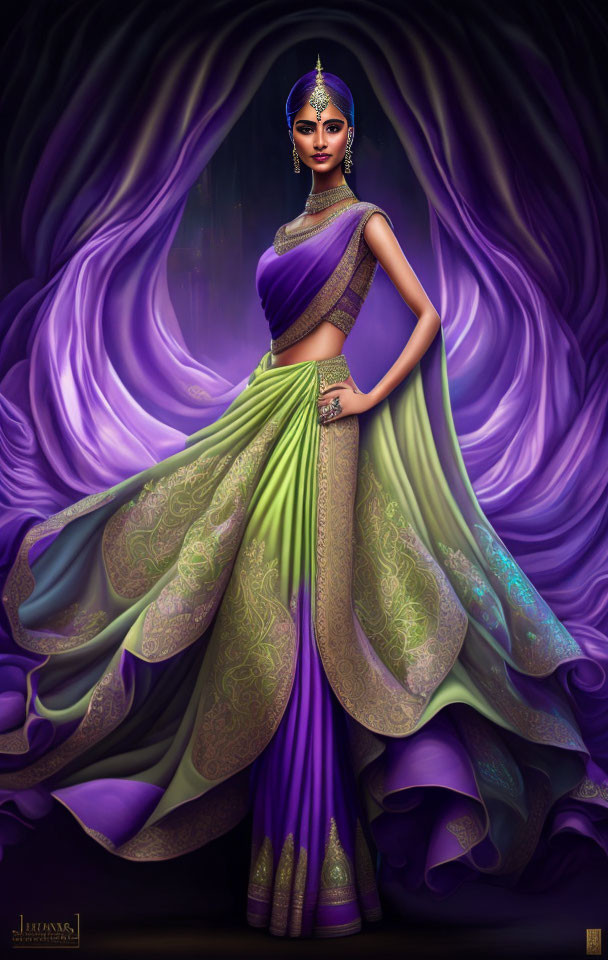 Illustrated woman in traditional Indian attire with intricate designs on purple backdrop.