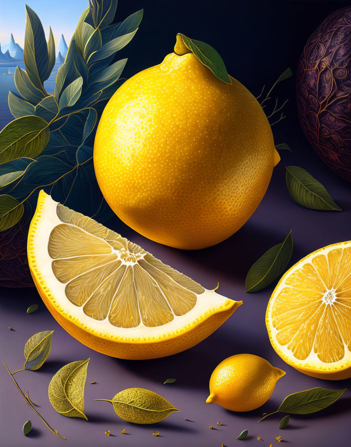 Colorful Citrus Fruits Still-Life on Purple Background