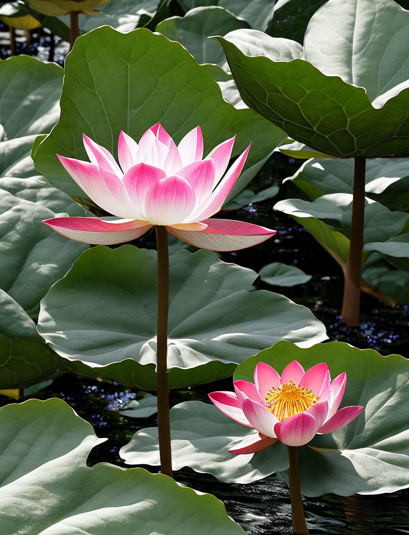 Vibrant pink and white lotus flowers with green lily pads in a dark pond