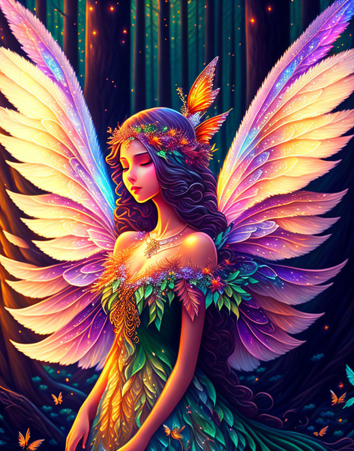 Colorful Fairy with Glowing Wings in Mystical Forest