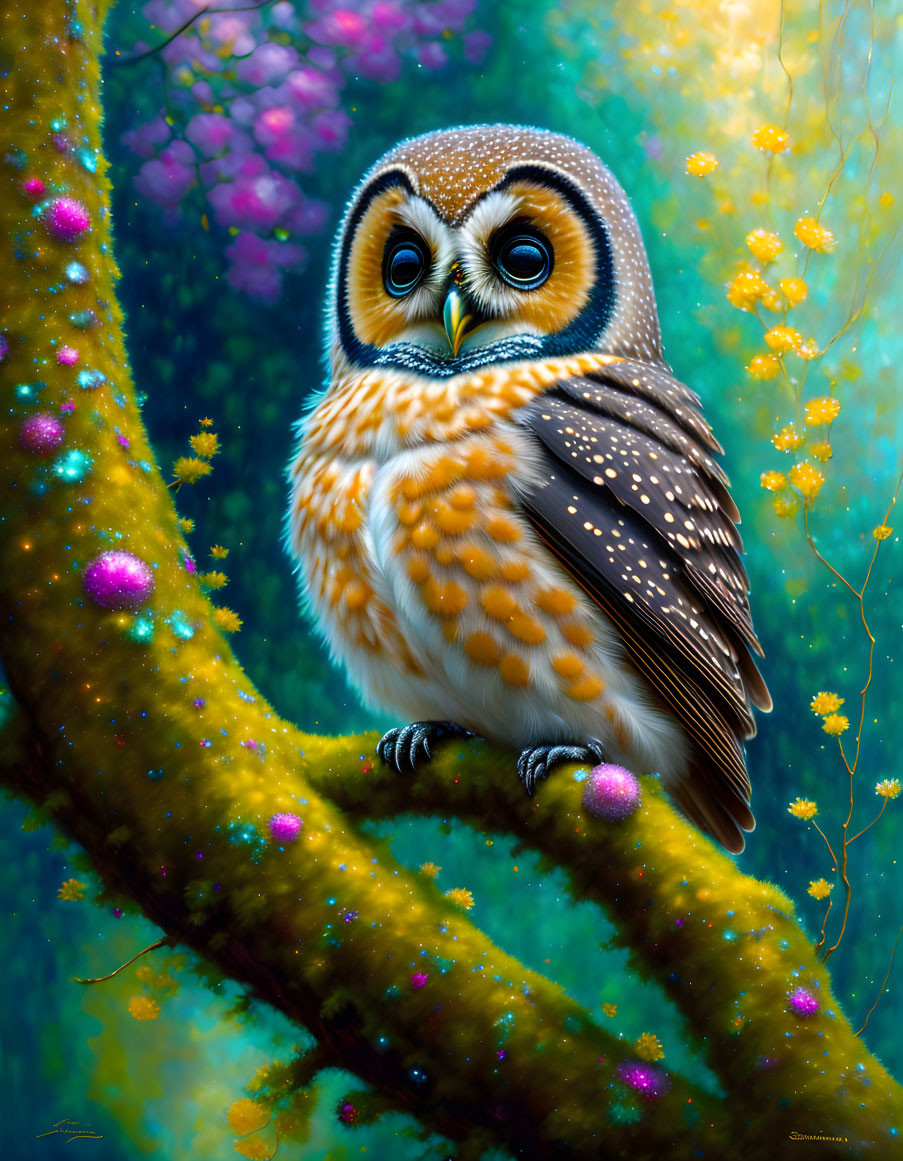 Colorful Owl Painting in Enchanted Forest Scene