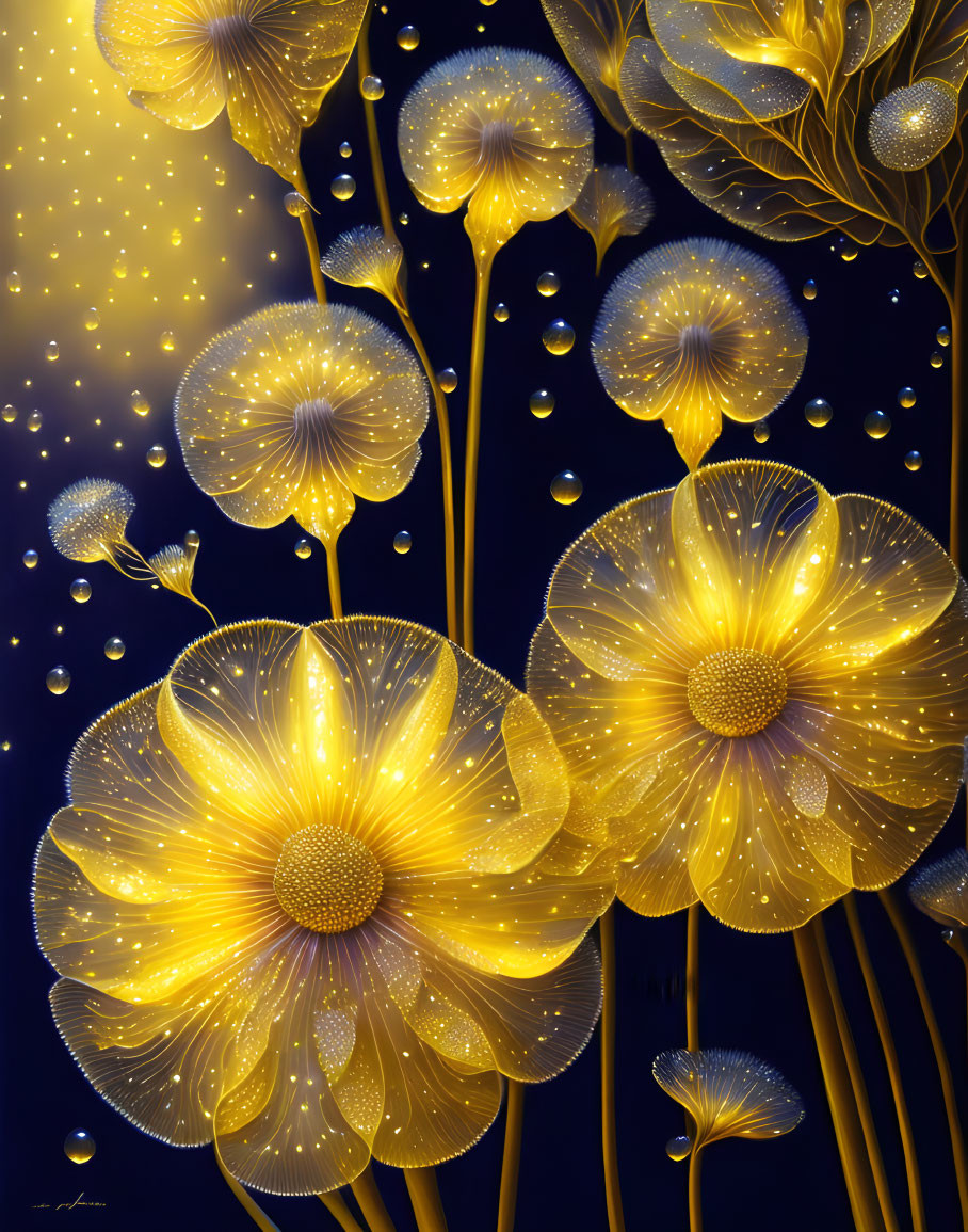 Golden Flowers and Seed Heads on Deep Blue Background with Dewdrops