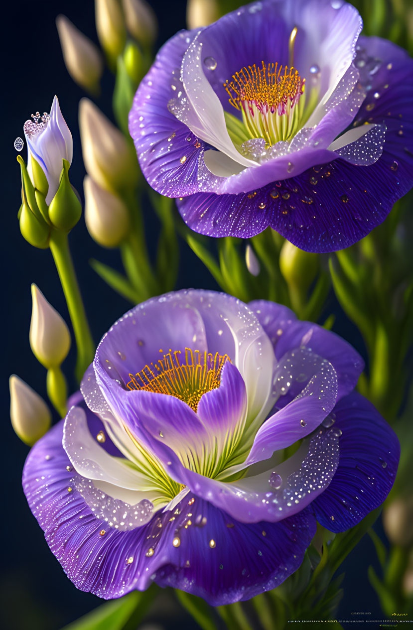 Vibrant purple flowers with water droplets and yellow centers on dark backdrop