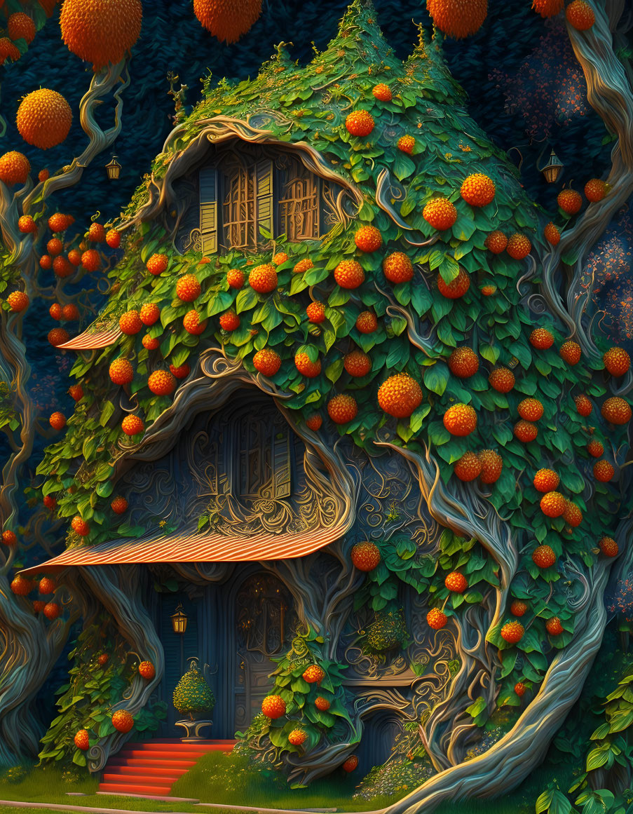 Whimsical treehouse illustration with intricate wood details