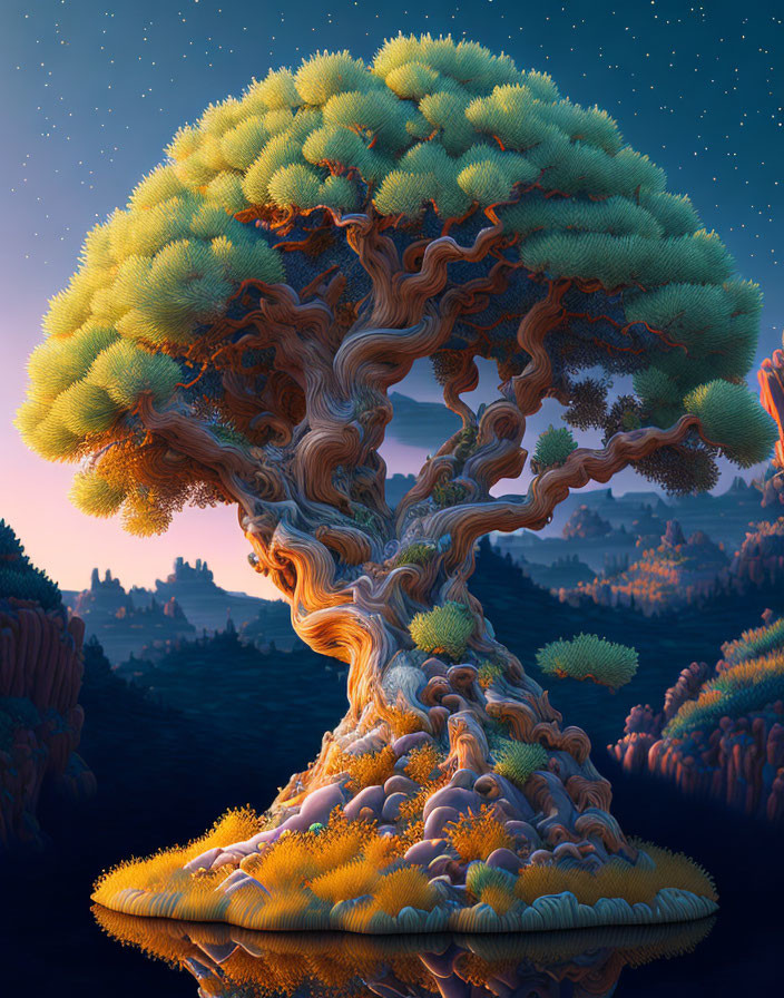 Detailed surreal bonsai tree illustration under twilight sky