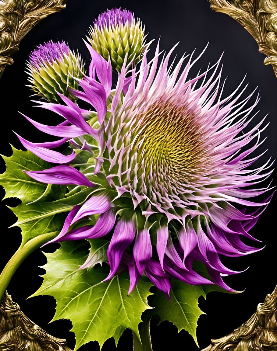 Detailed Purple Thistle Flower Illustration on Black Background with Golden Ornate Frame