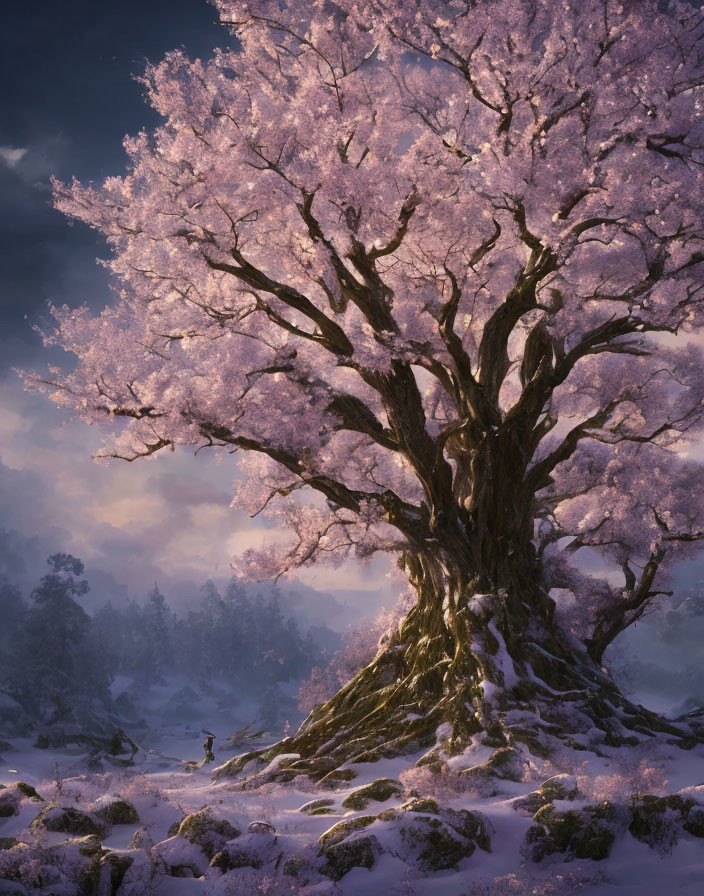 Snowy landscape with majestic cherry blossom tree at sunrise