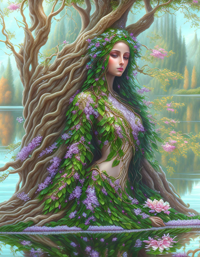 Illustration: Female figure intertwined with tree in forest lake setting