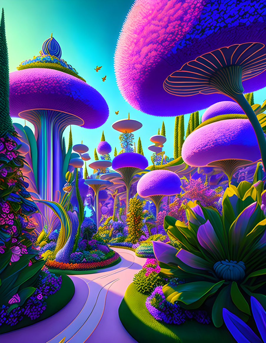 Colorful oversized mushrooms in vibrant fantasy landscape