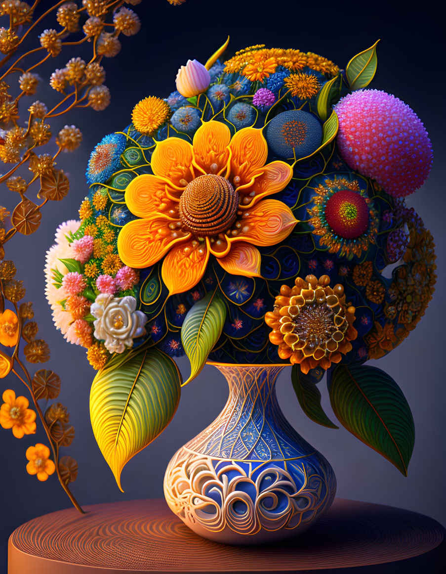 Colorful digital artwork: Floral bouquet in patterned vase with textured, stylized flowers.