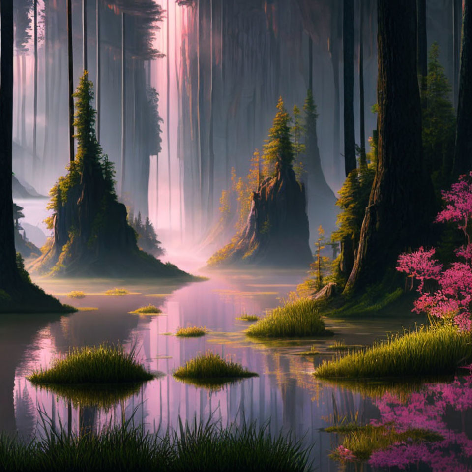 Tranquil forest landscape with lush greenery and pink foliage