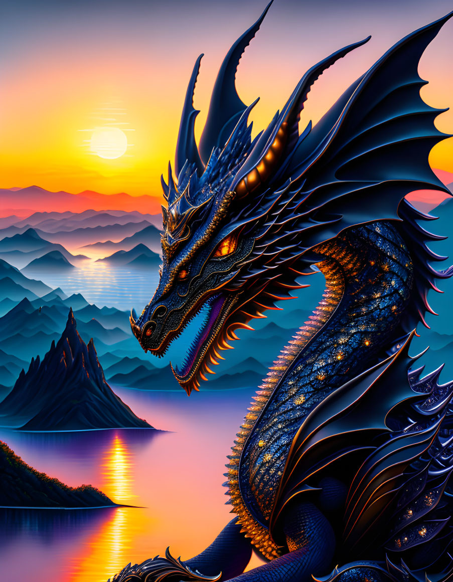 Majestic dragon with intricate scales in serene sunset landscape