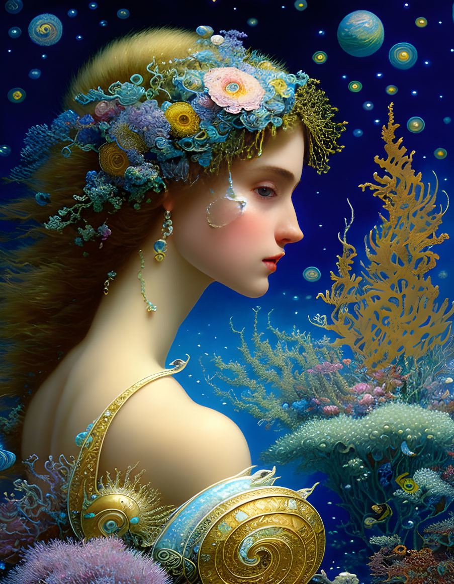 Woman with Floral Headdress and Oceanic Elements in Cosmic Setting