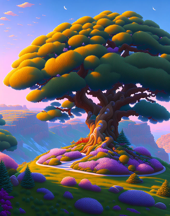 Colorful Landscape with Oversized Tree and Rolling Hills