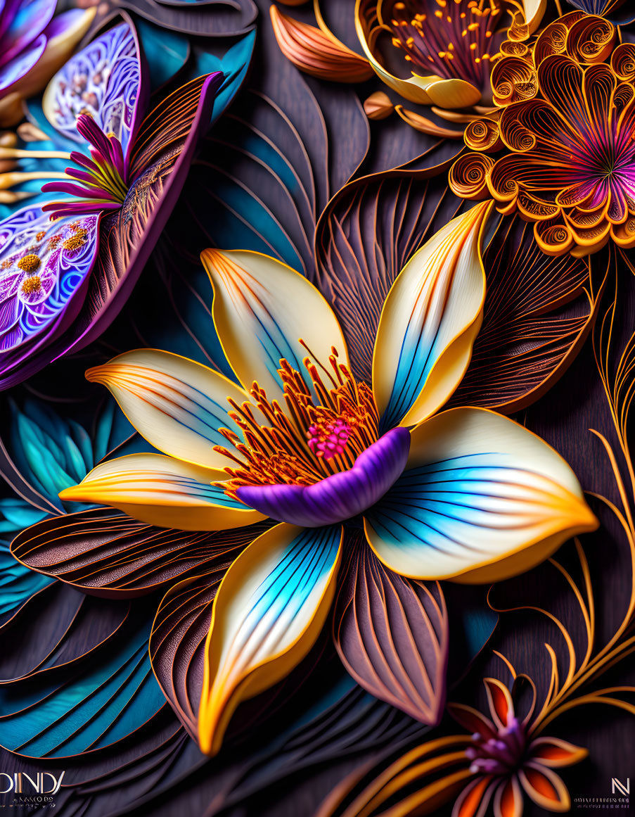 Colorful 3D rendering of ornate flowers on dark background