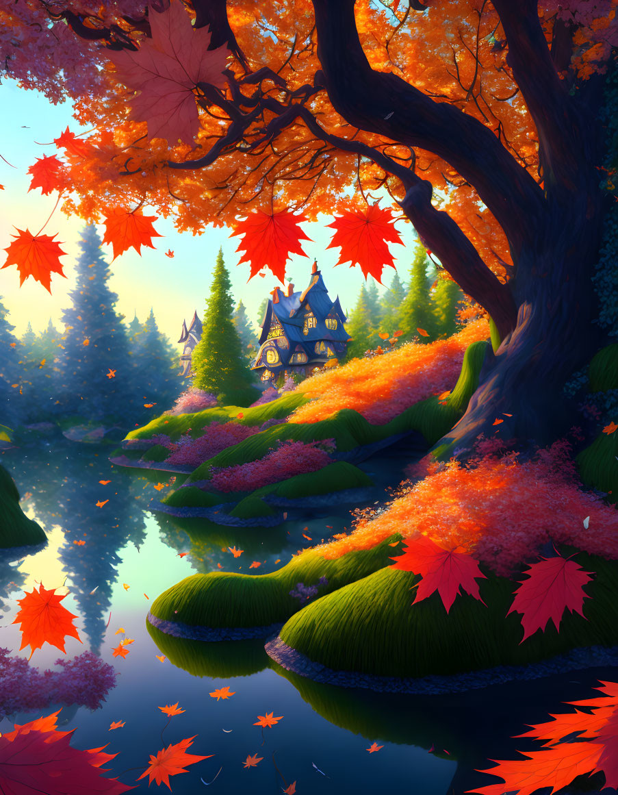 Tranquil lake with colorful autumn trees and cottage