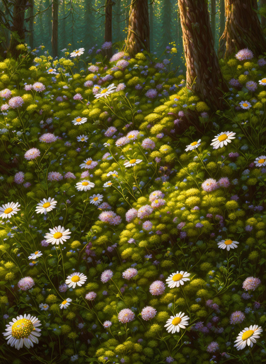 Blooming daisies on lush forest floor in warm sunlight