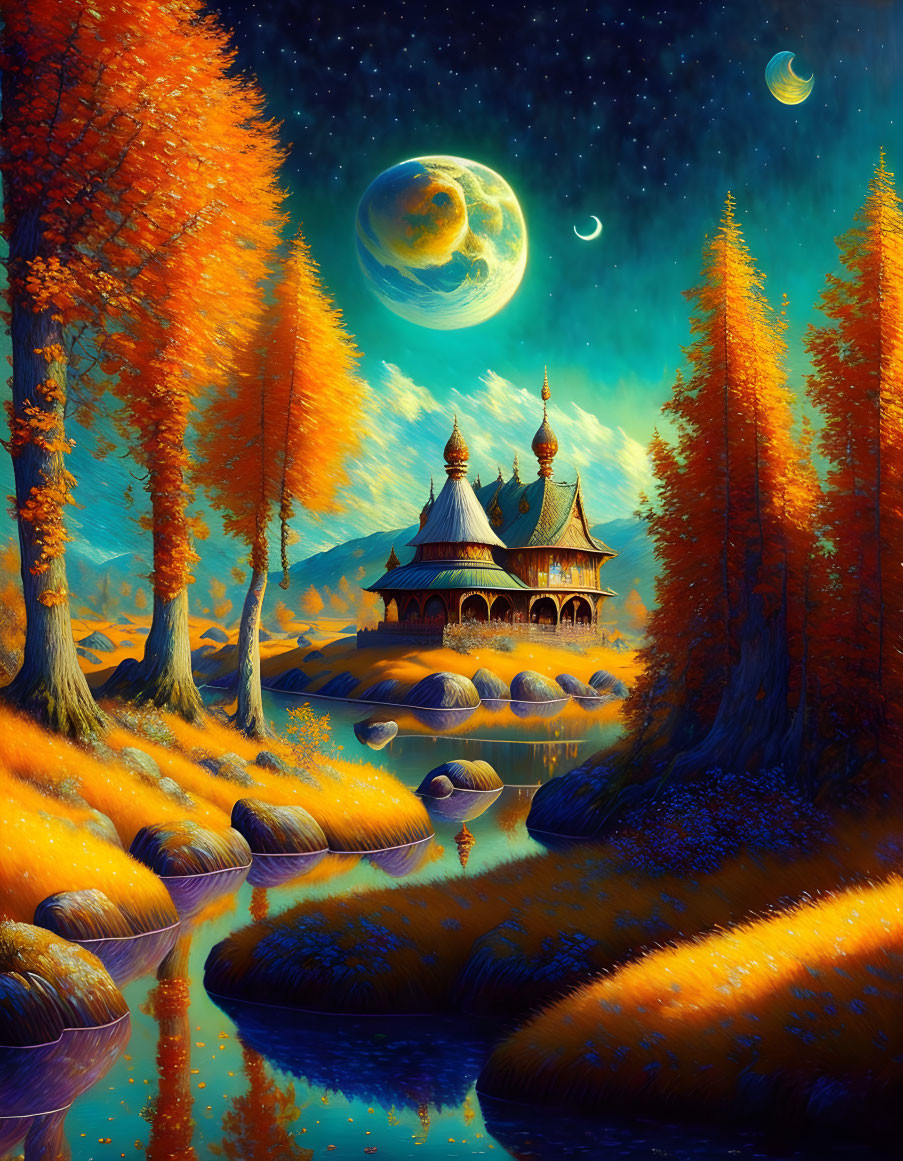 Vibrant autumnal fantasy landscape with moon and celestial bodies.